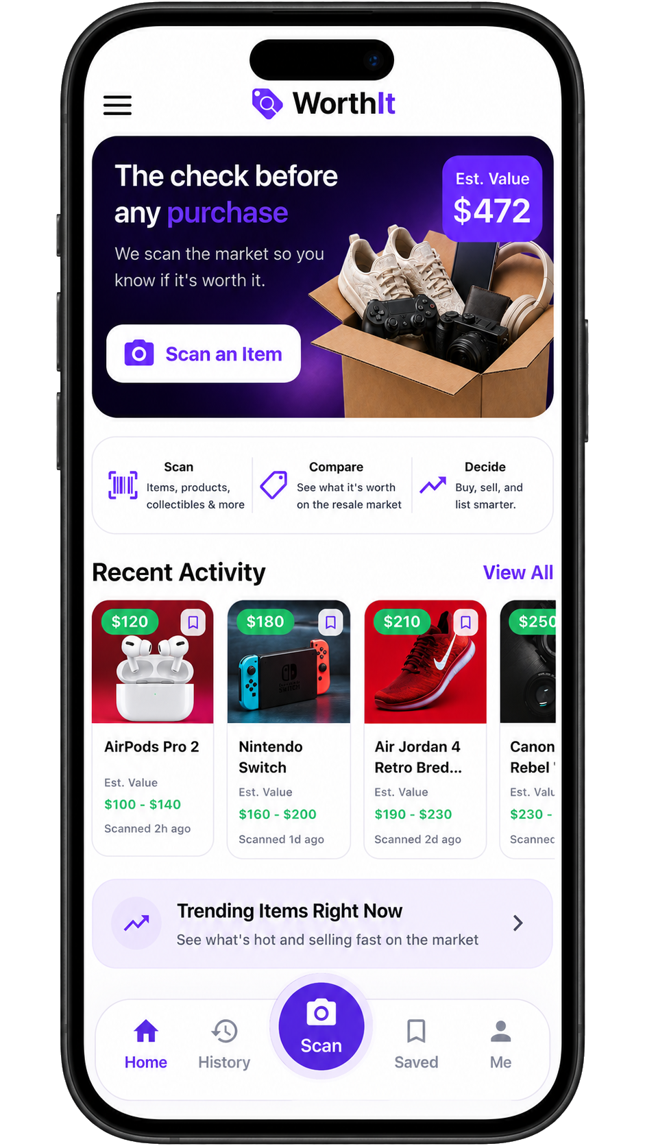 Real WorthIt app screen with scan, resale estimates, and recent activity